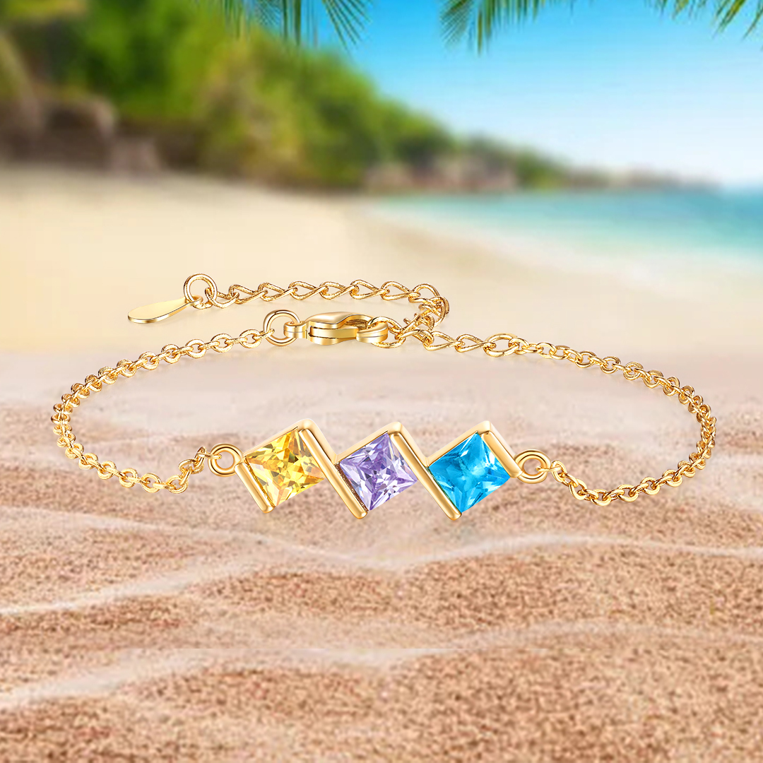 3 Birthstones Personalised Women's Birthstone Bracelet, Square Pendant Design Gift for Her | Jessemade