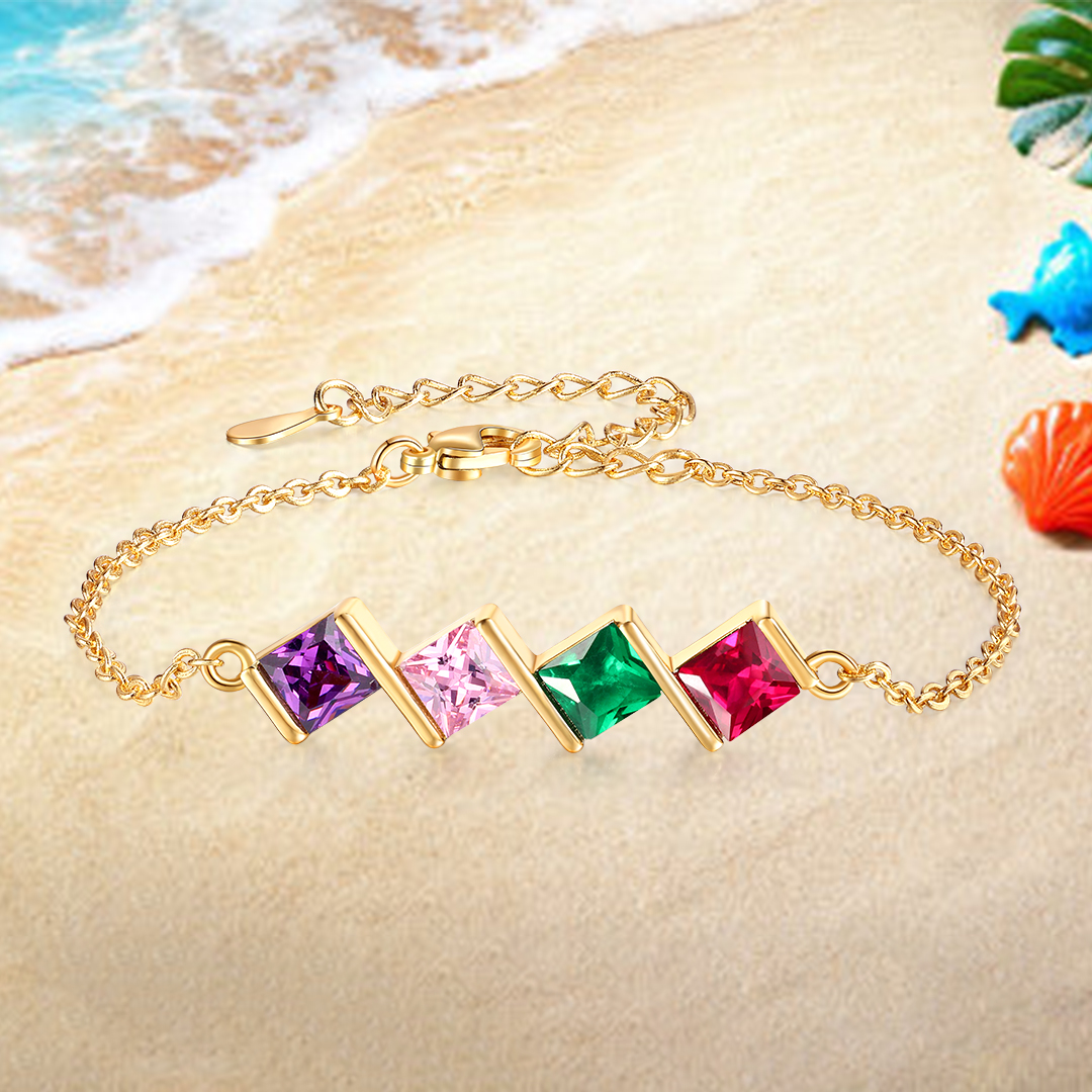 4 Birthstones Personalised Women's Birthstone Bracelet, Square Pendant Design Gift for Her | Jessemade