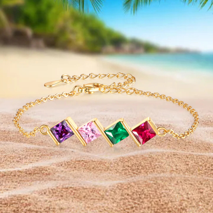4 Birthstones Personalised Women's Birthstone Bracelet, Square Pendant Design Gift for Her | Jessemade
