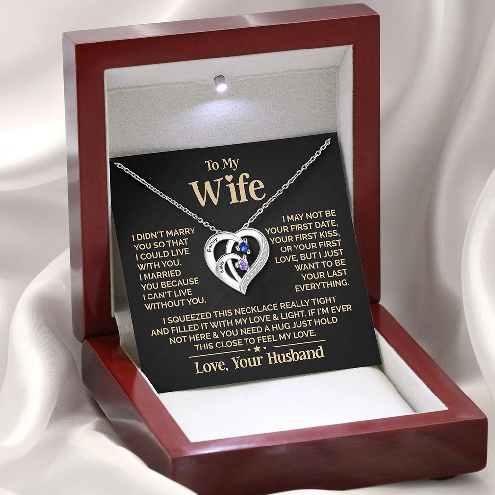 Personalised S925 Silver 2 Names Birthstone Heart Shaped Women's Necklace with "To My Wife" Message - Special Day Gifts for Wife | Jessemade
