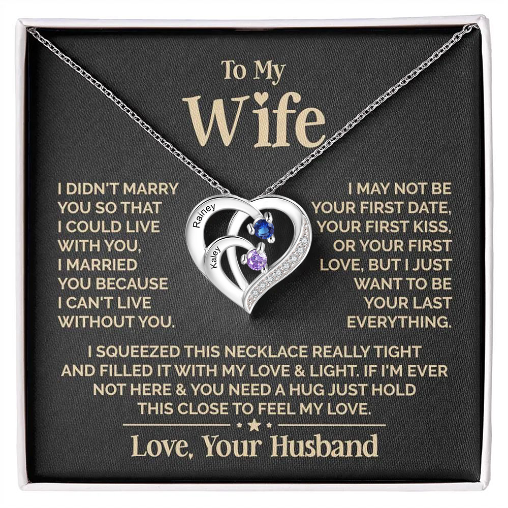Personalised S925 Silver 2 Names Birthstone Heart Shaped Women's Necklace with "To My Wife" Message - Special Day Gifts for Wife | Jessemade