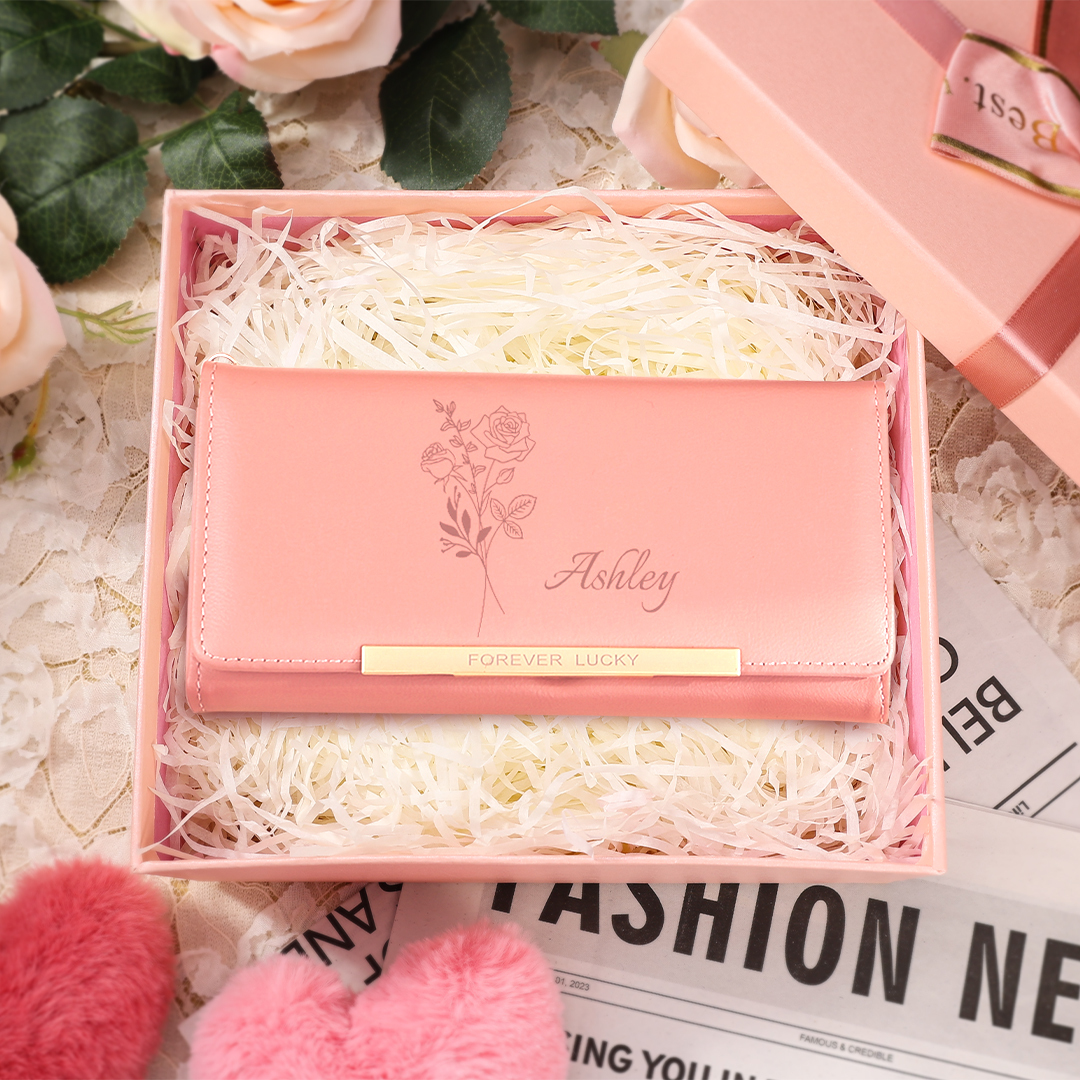 Personalised Women’s Wallet – Custom Birth Flower & Name - “Forever Lucky”– Valentine’s Day Gift for Her | Jessemade