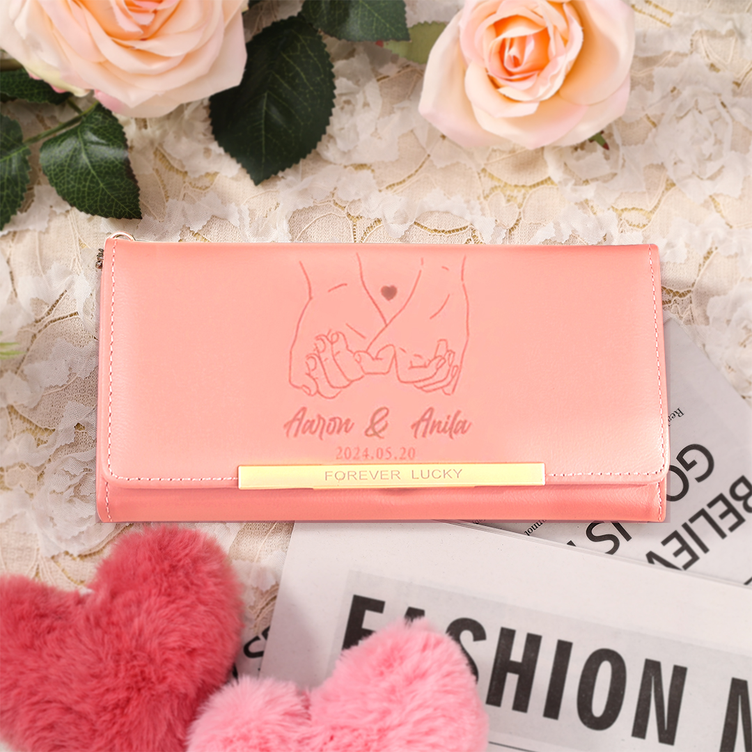 Personalised Women’s Wallet – Custom Names, Photo, Date, Initial Charm & “Forever Lucky” Engraving – Valentine’s Day Gift for Her | Jessemade