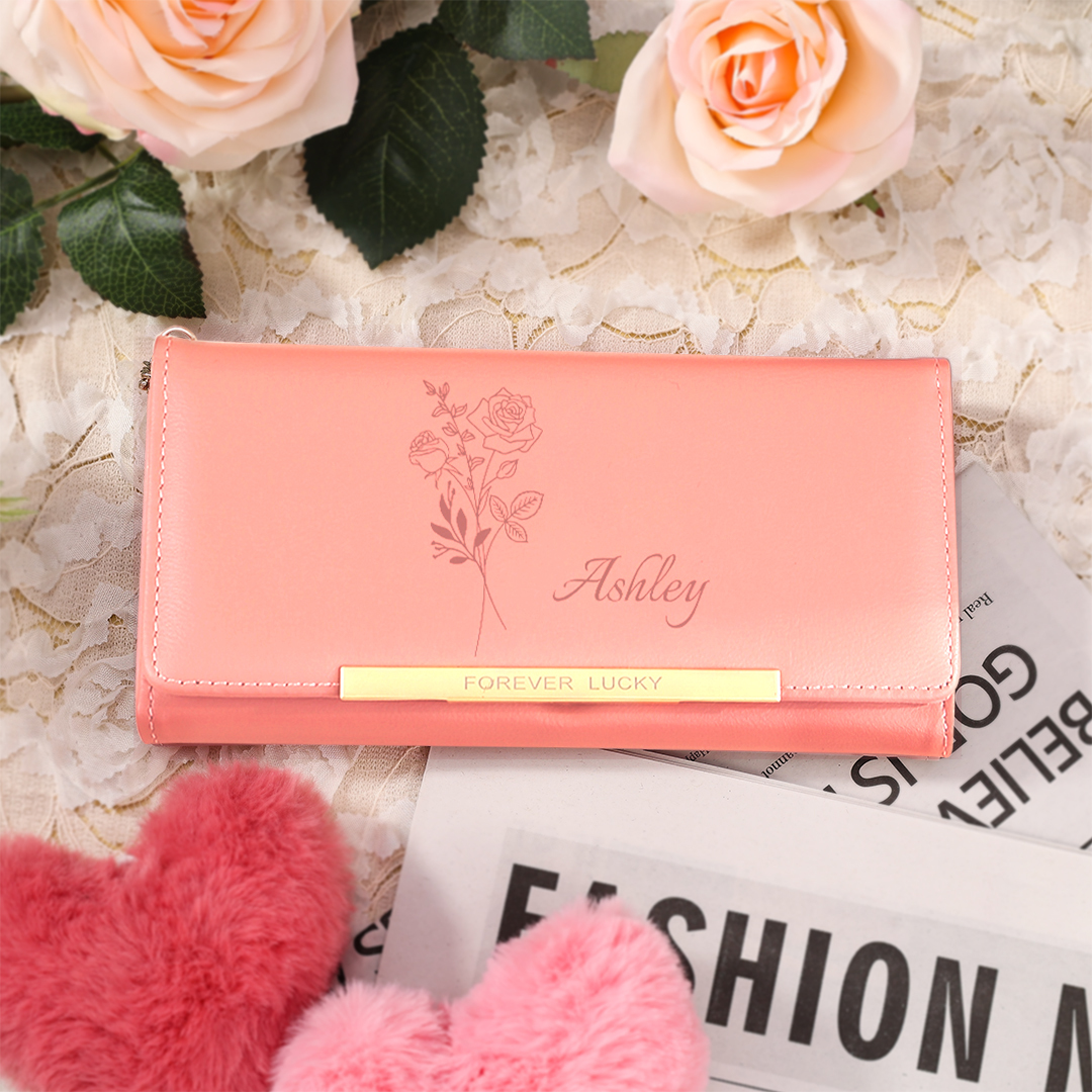 Personalised Women’s Wallet – Custom Birth Flower & Name - “Forever Lucky”– Valentine’s Day Gift for Her | Jessemade