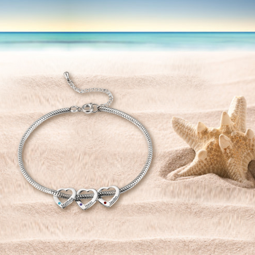 Custom Anklet Engraved 5 Names and Birthstones Heart Shaped Charm Personalised Bracelet for Women