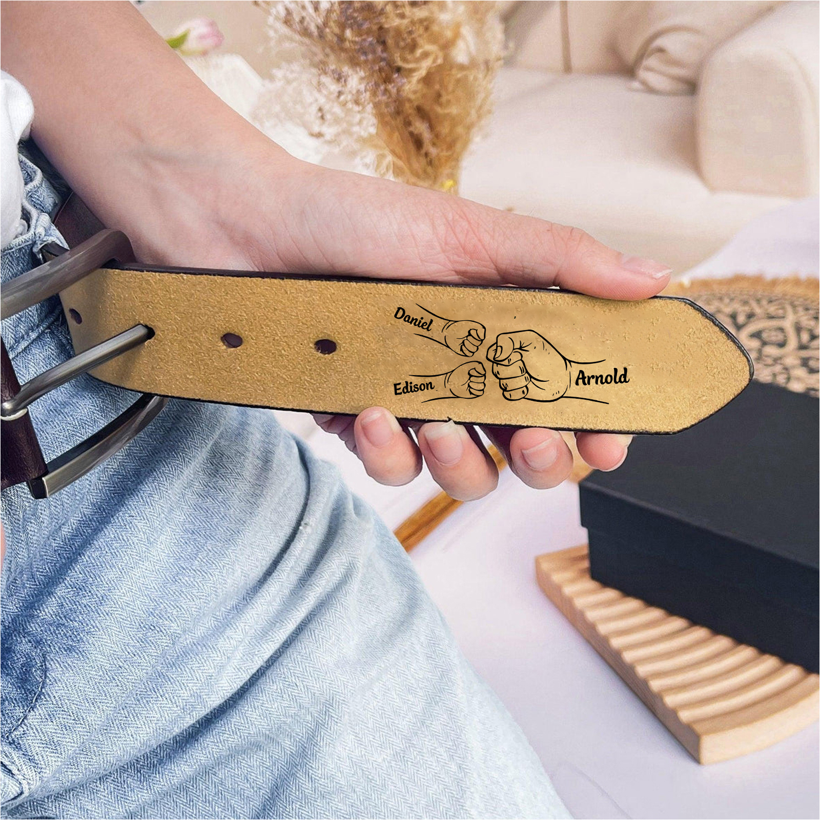 Personalised Leather Belt, Custom Engraved 3 Names Belt Gift for Dad | Jessemade