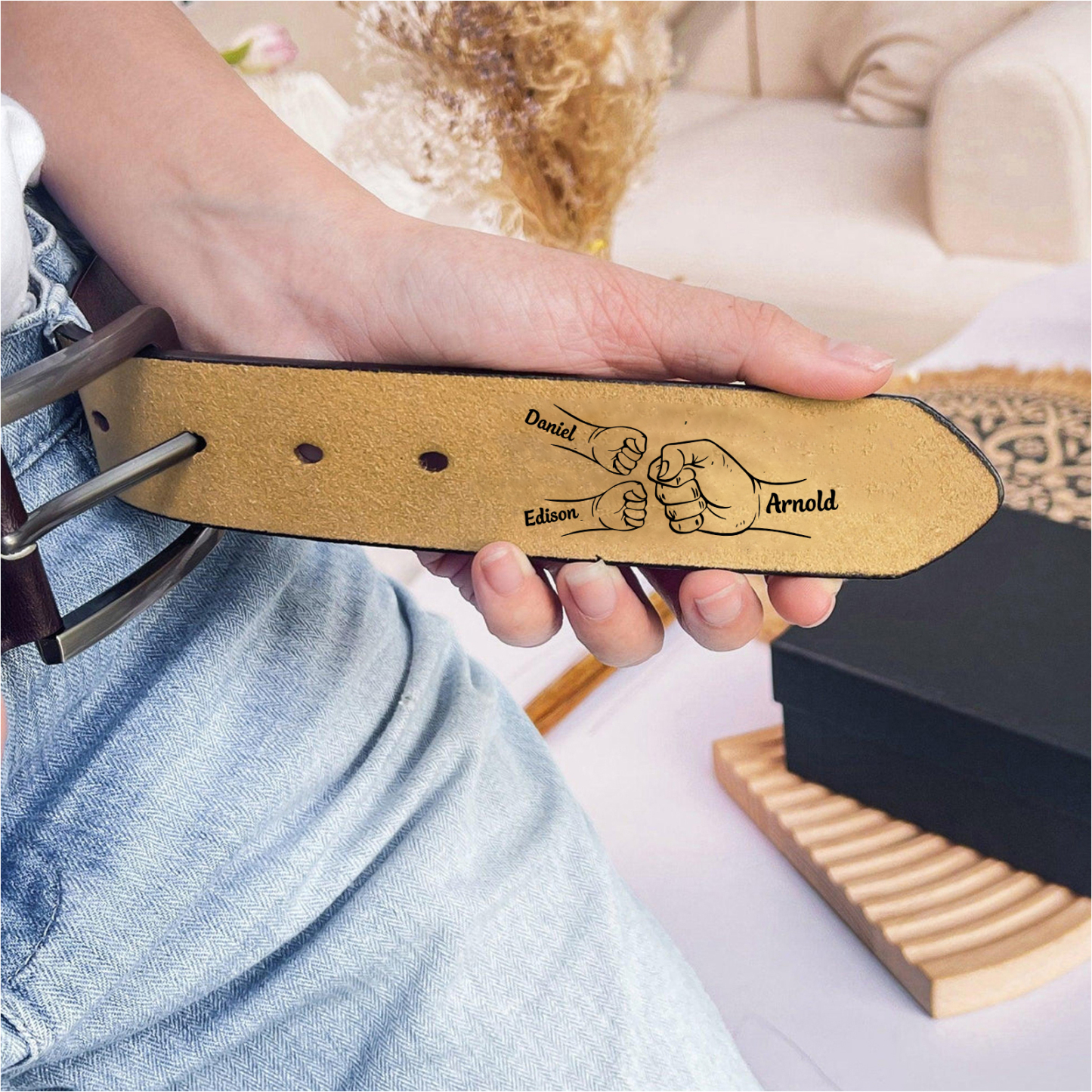 Personalised Leather Belt, Custom Engraved 3 Names Belt Gift for Dad | Jessemade