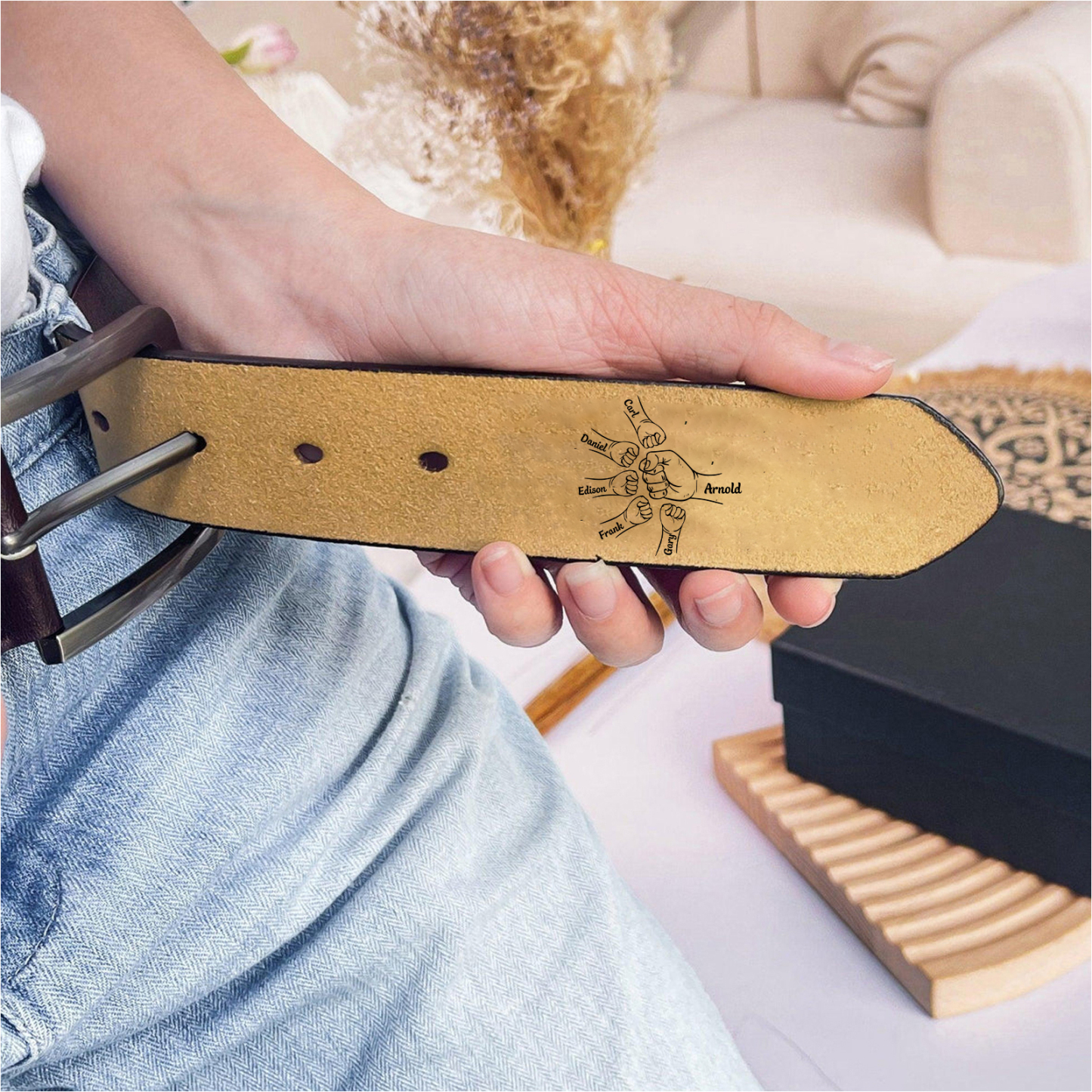 Personalised Leather Belt, Custom Engraved 6 Names Belt Gift for Dad | Jessemade