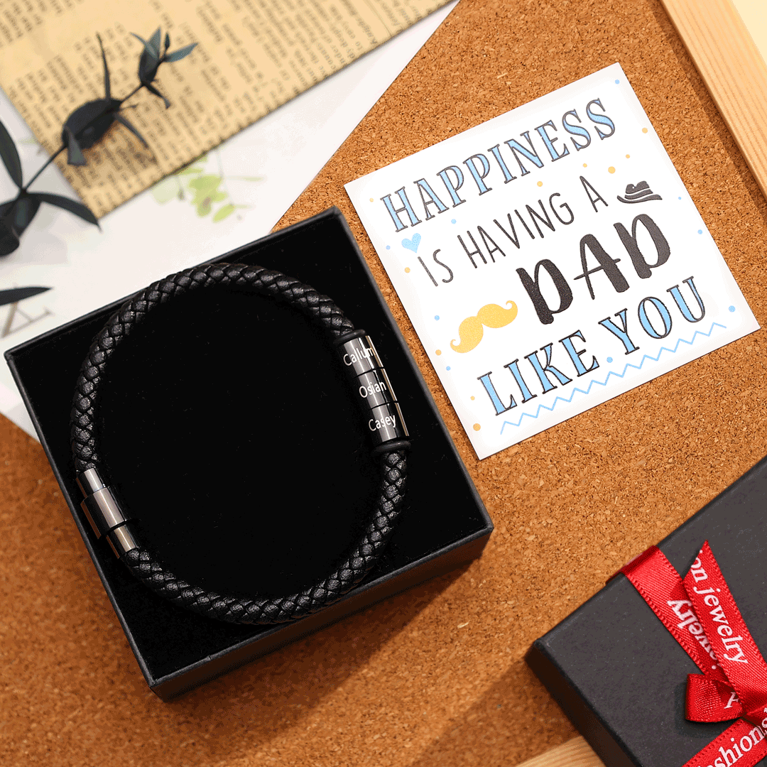 Custom Engraved 3 Names Beads Magnetic Buckle Leather Braided Personalised Mens Bracelet - Gift for Husband Boyfriend