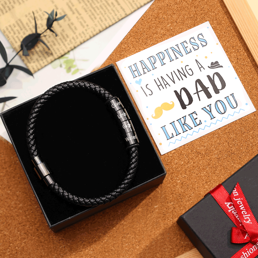 Custom Engraved 4 Names Beads Magnetic Buckle Leather Braided Personalised Mens Bracelet - Gift for Husband Boyfriend