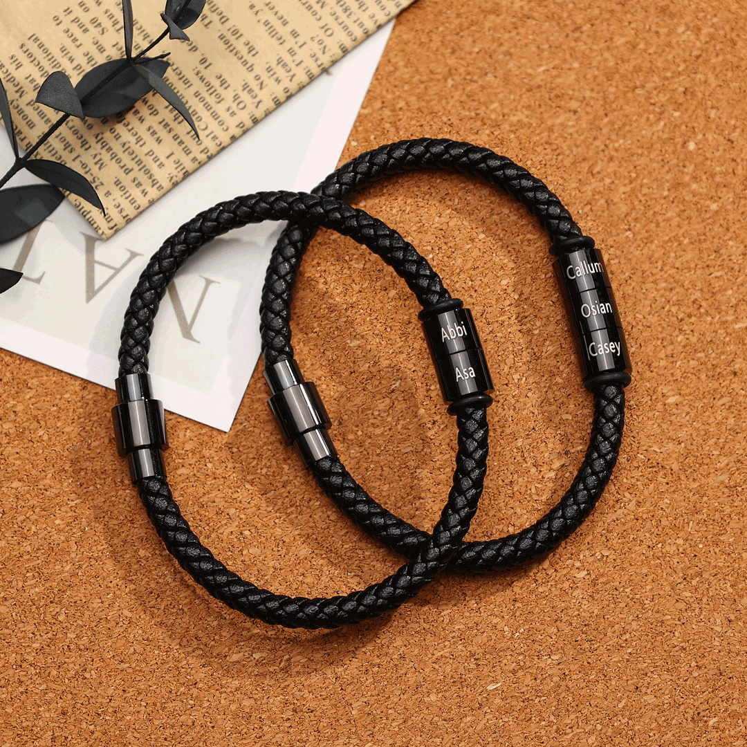 Custom Engraved 3 Names Beads Magnetic Buckle Leather Braided Personalised Mens Bracelet - Gift for Husband Boyfriend