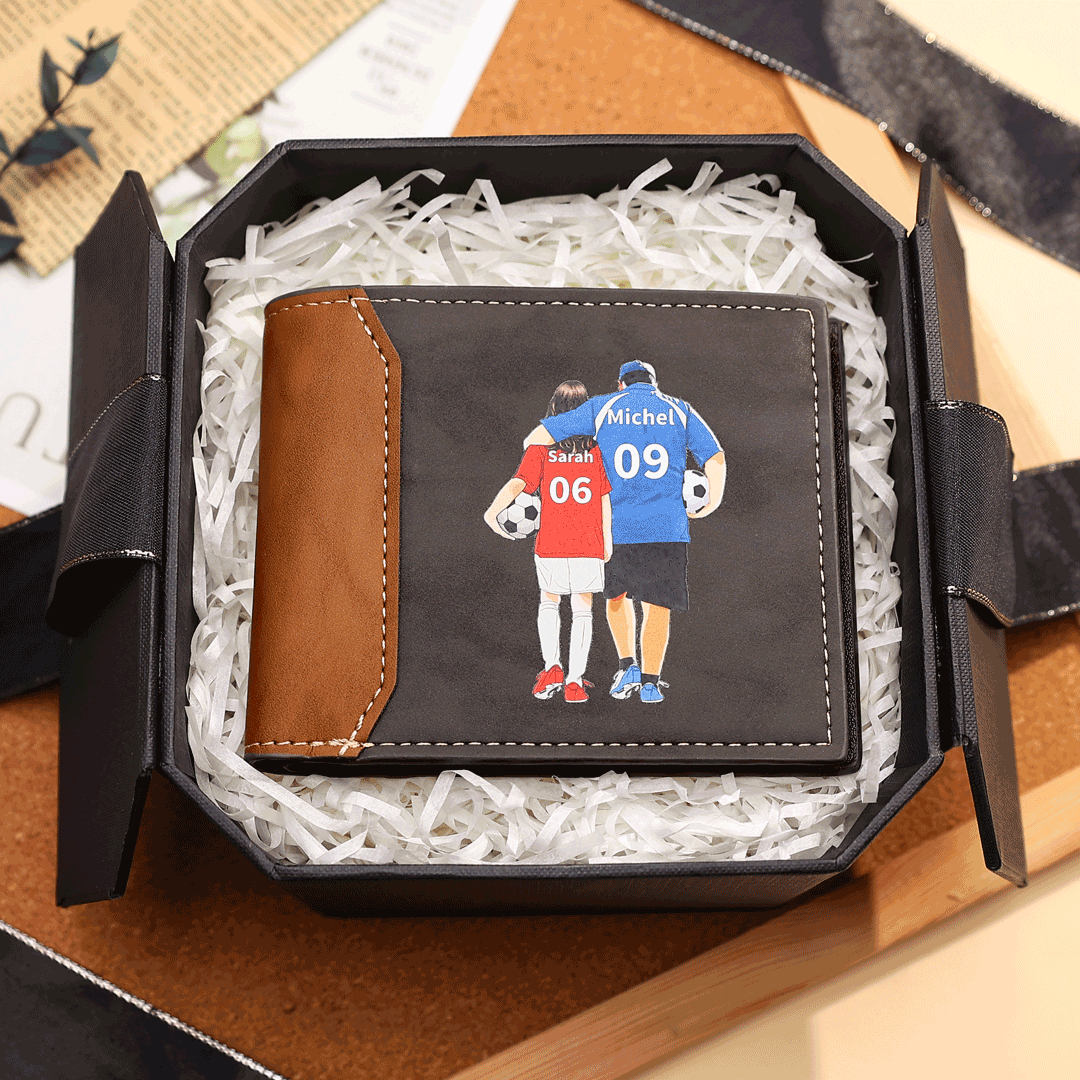 Custom Father & Child Wallet – Personalised Name & Number Gift for Dad - Football Sports Fan Wallet | Jessemade