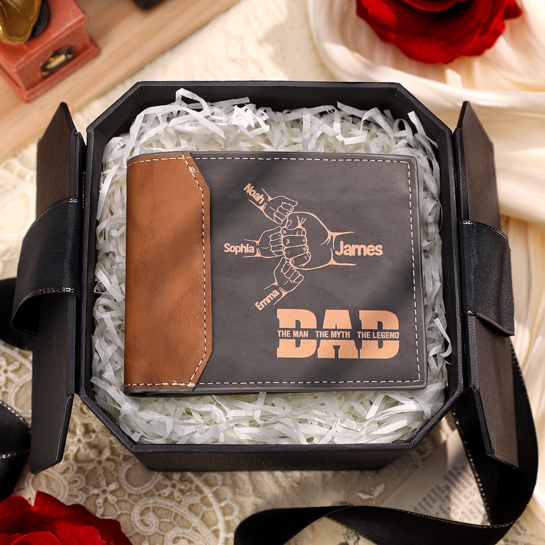 Personalized Men's Leather Wallet Custom 2–9 Names Billfold Wallet Fist Bump Gift for Dad - The Man, The Myth, The Legend