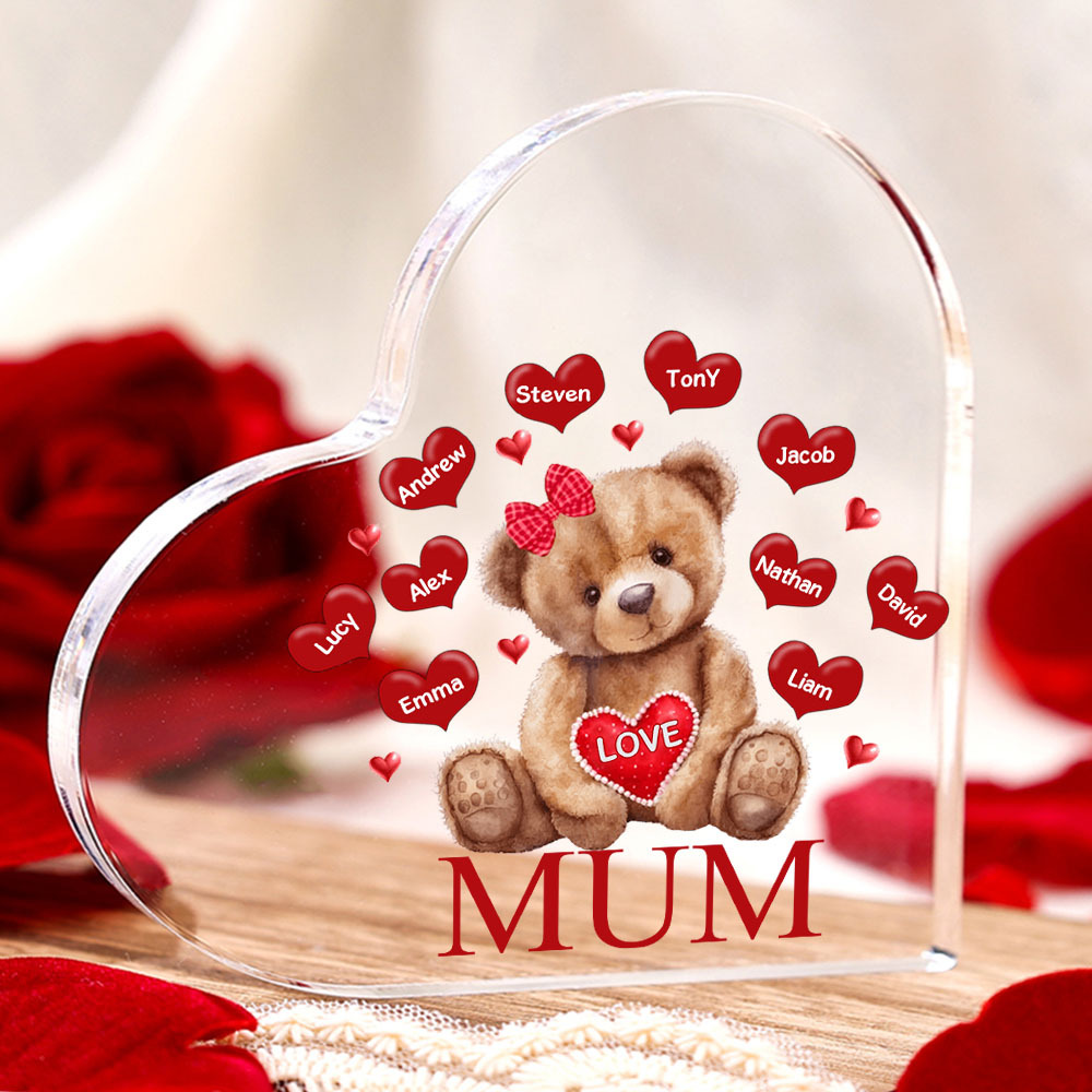 10 Names-Personalised Mum Acrylic Heart Keepsake Custom Text Love Teddy Bear Ornaments Gifts Set With Gift Box for Grandma/Mother