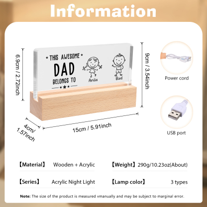 2 Names & Doll Gender - Personalised Lamp -This Awesome Dad  Belongs To - Father's Day Gift for Dad