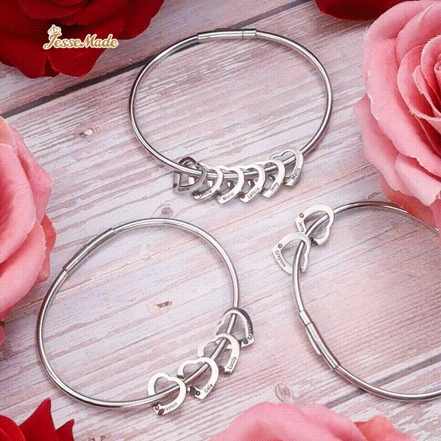 6 Names-Personalised Heart Bracelet With 6 Birthstones Bangle Engraved Names Bracelet Gift For Women