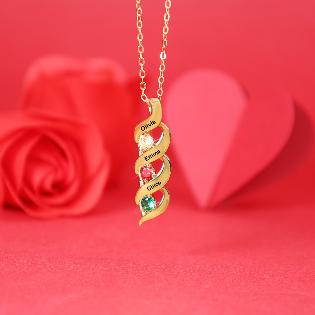 3 Names-Personalised Necklace Cascading Pendant with 3 Birthstones Engraving 3 Names Gifts for Her