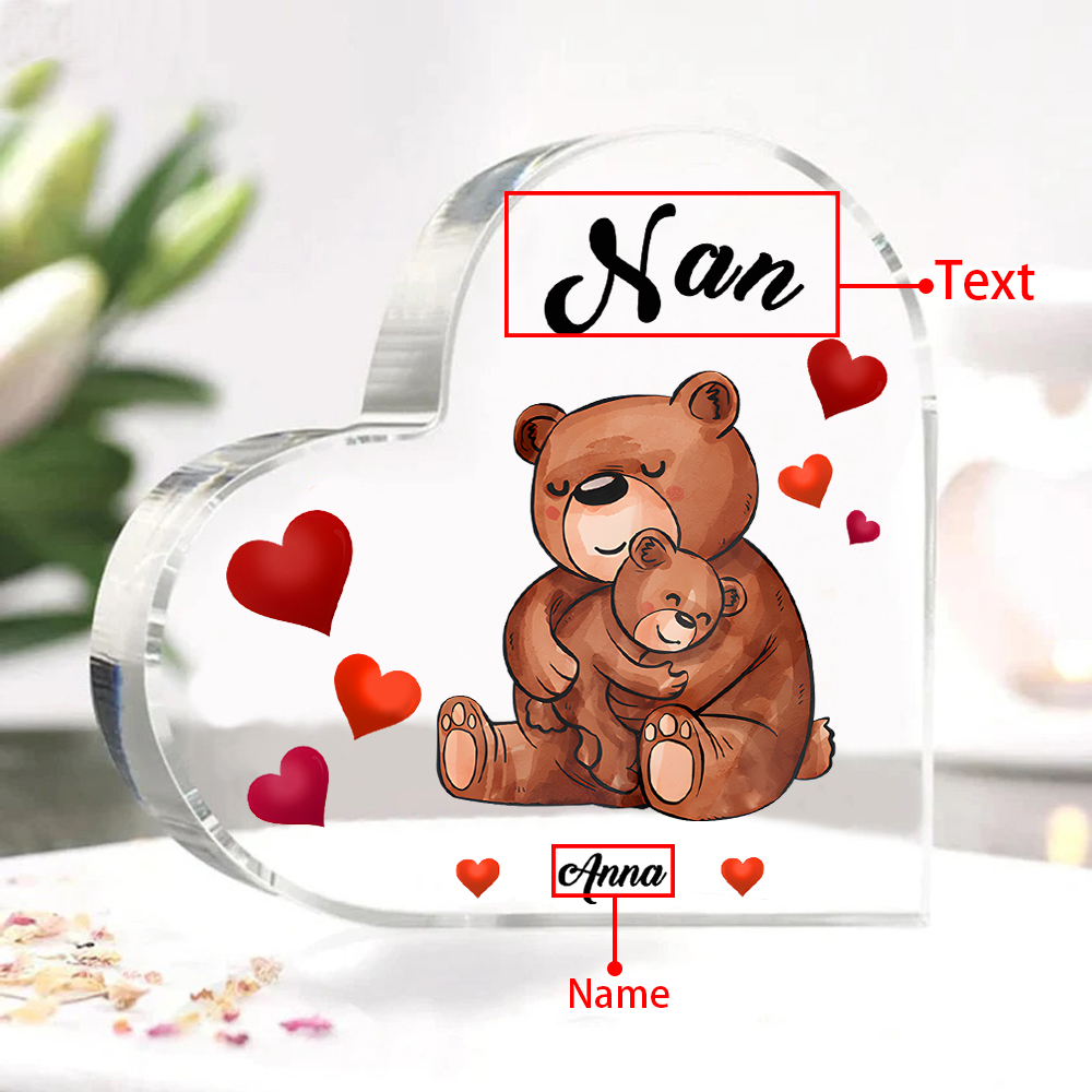 Personalised Heart-Shaped Acrylic Plaque Customizable with 1 Name and Text with Bear Design -  For Nan | Jessmade
