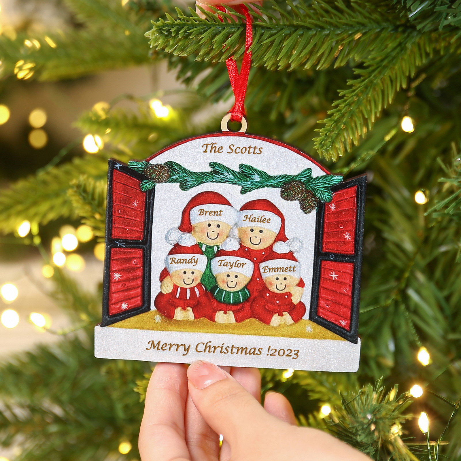 5 Names-Personalised Family Wooden Christmas Xmas Tree Decoration Ornament-Custom 5 Names Hanging Ornament Gifts For Family