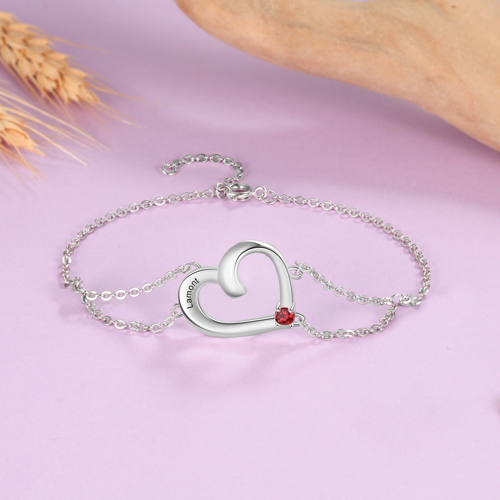 Personalised Heart Bracelet With 1 Birthstone Engraved Names Gift For Women