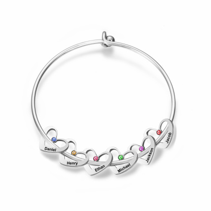 Personalized Heart Bangle With 6 Names and Birthstones Bangle Bracelet Mother's Day Gifts For women