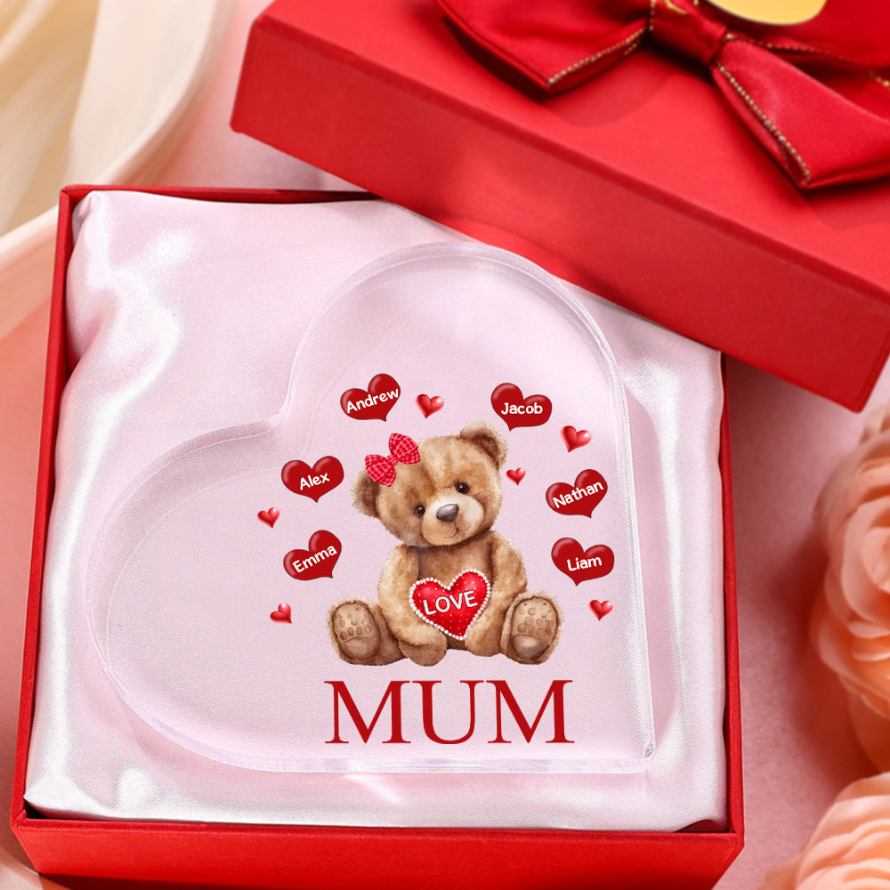 6 Names-Personalised Mum Acrylic Heart Keepsake Custom Text Love Teddy Bear Ornaments Gifts Set With Gift Box for Grandma/Mother
