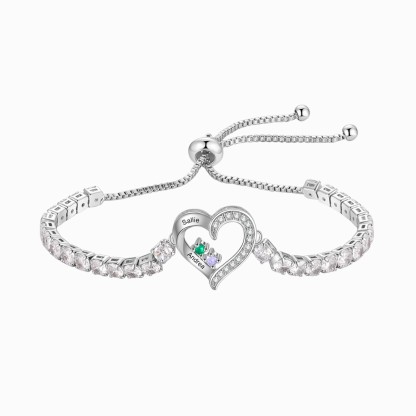 Personalised 2-4 Names & Birthstones Heart Tennis Bracelet