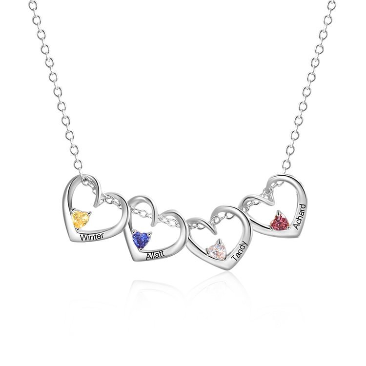 4 Names- Personalised Birthstone Necklace Set with Rose Gift Box - Customized Love Pendant Necklace Engraved Name Gift for Her