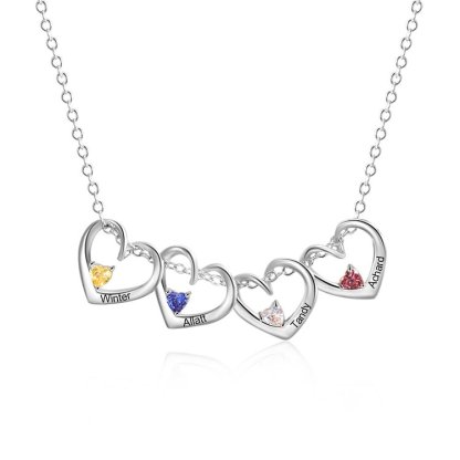4 Names- Personalised Birthstone Necklace Set with Rose Gift Box - Customized Love Pendant Necklace Engraved Name Gift for Her