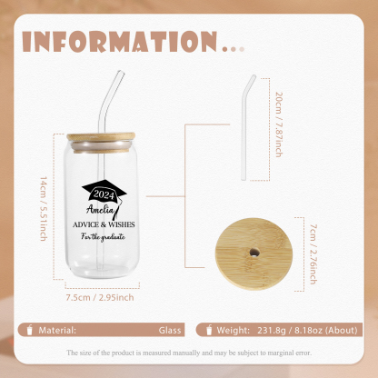 2024 Graduation Gift - Personalised Custom Text, Name and Year Glass with Glass Straw