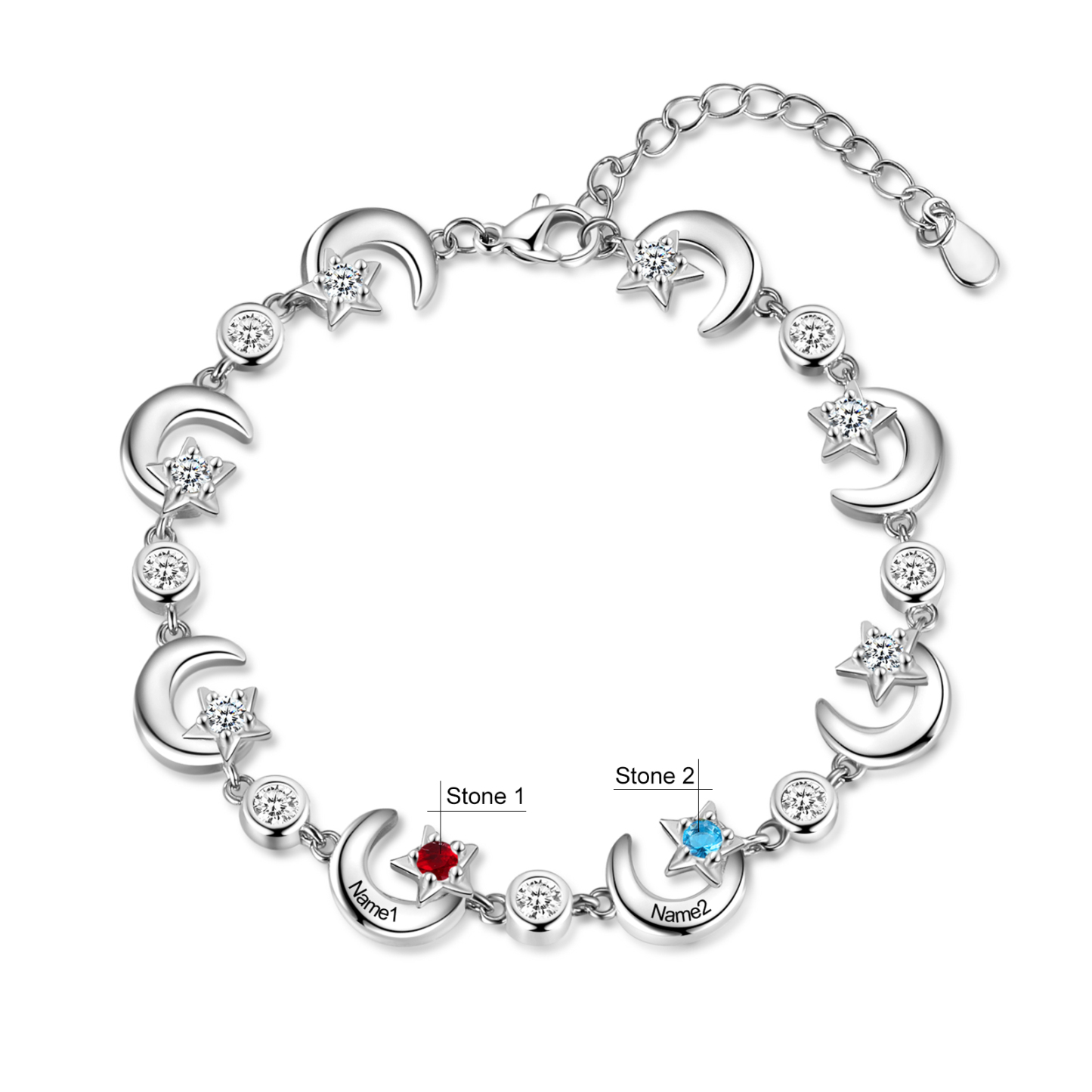2 Names-Personalised Moons And Stars Bracelet With 2 Birthstones Custom Names Bracelet Gift For Women