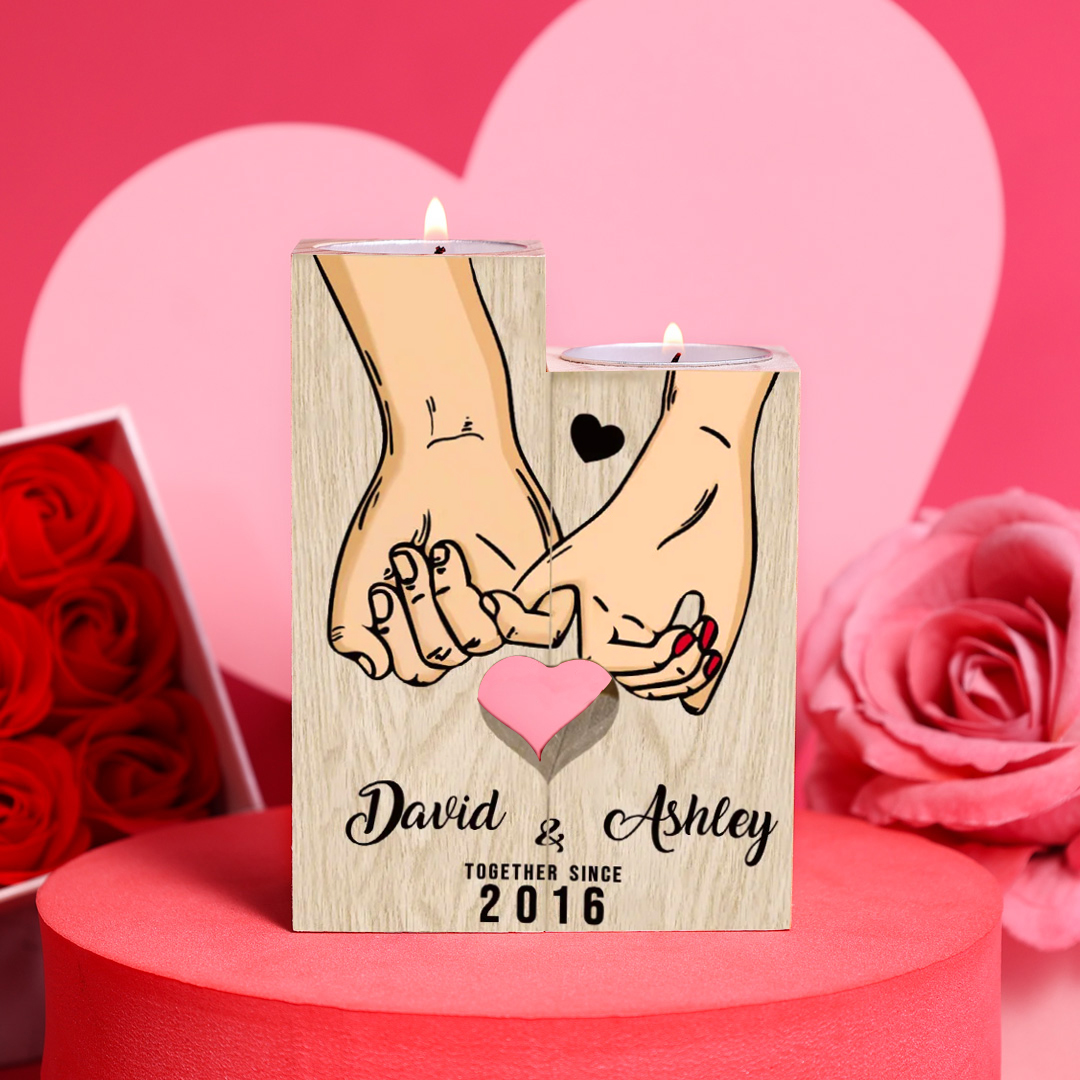 Personalised Pinky Promise Couple Candle Holder Engrave Name Wooden Candlesticks