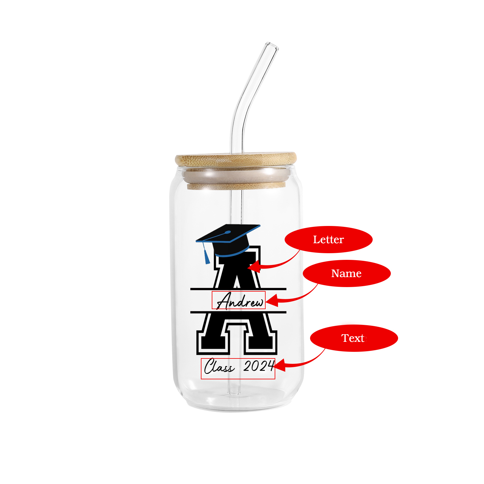 2024 Graduation Gift - Personalised Custom Letter ,Name and Text Glass with Glass Straw