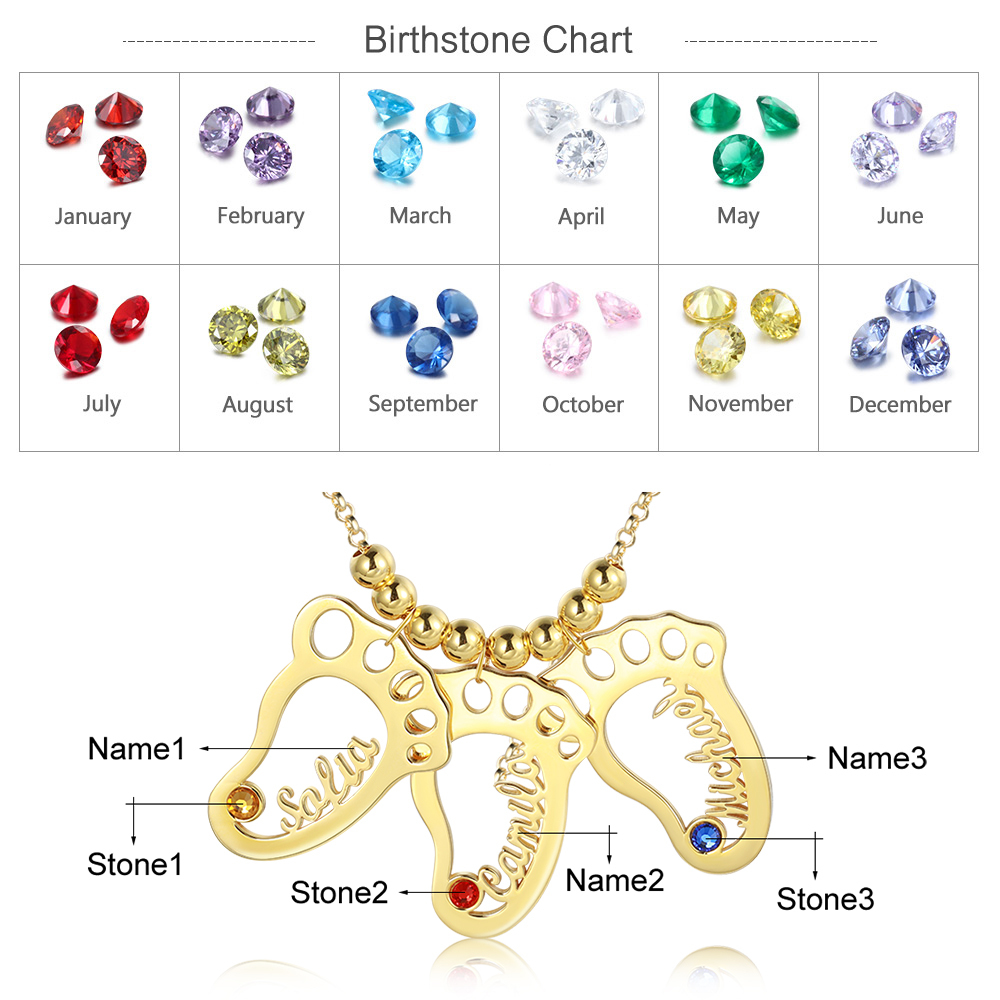 Personalised Baby Foot Necklace With 3 Birthstones Engraved Names Gift For Mother