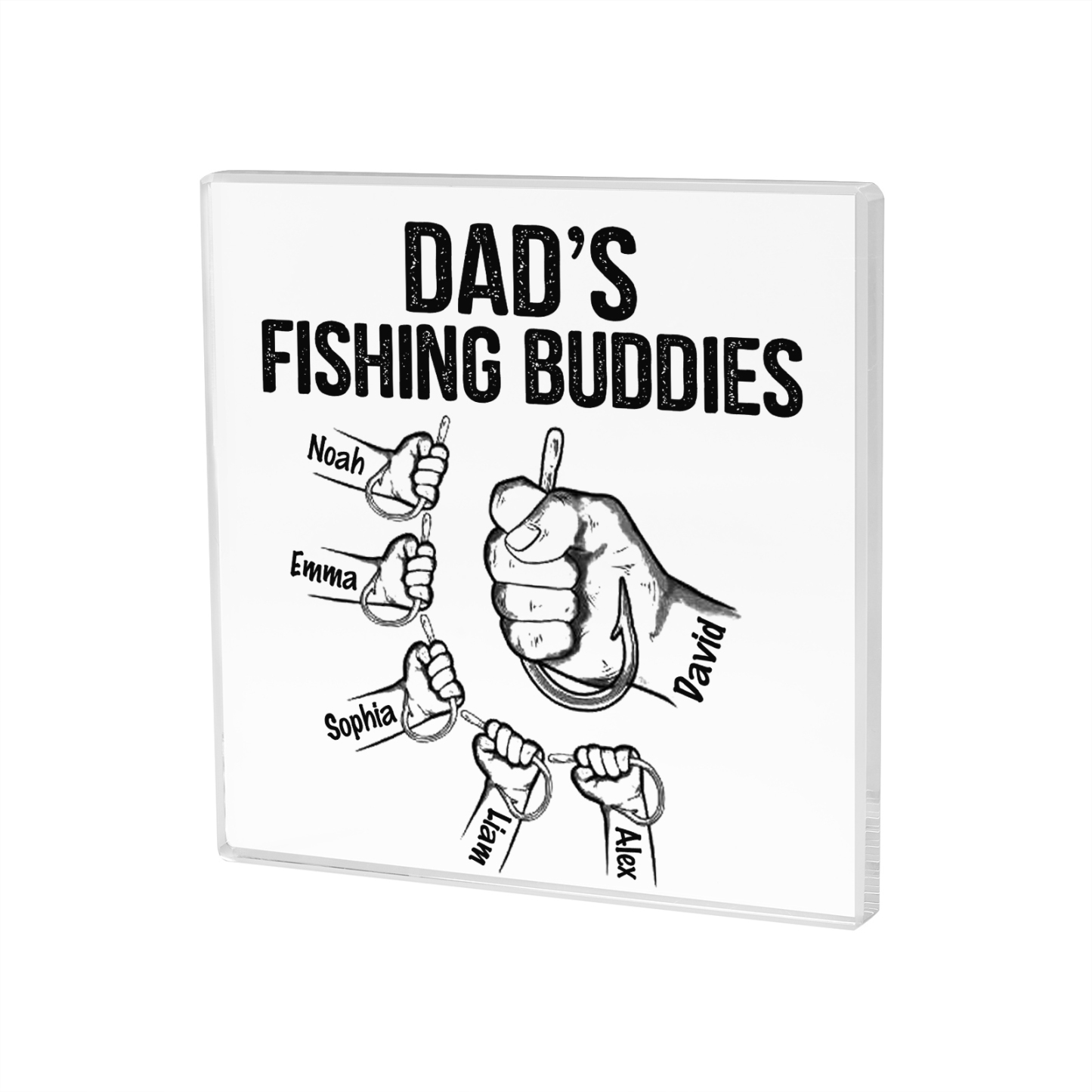 6 Names - Personalised Fishhook Fist Bump Pattern Family Acrylic Keepsake Customized Name Acrylic Home Decor Gift for Dad