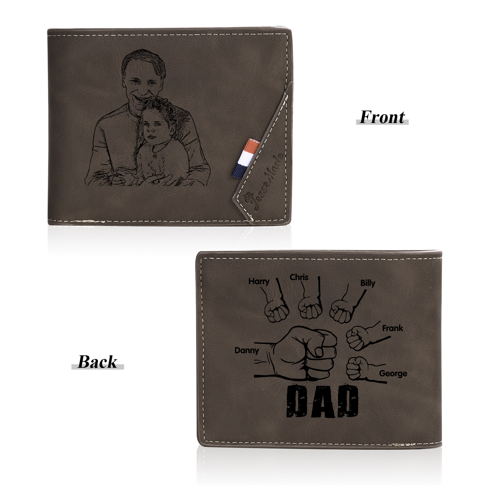 6 Names - Personalised Fist Bump Photo Custom Leather Men's Wallet as a Father's Day Gift for Dad