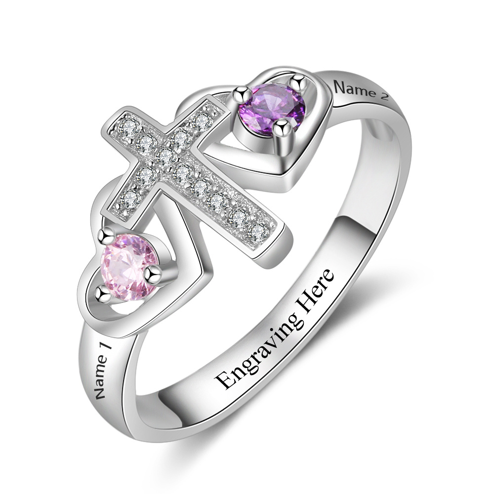 S925 Silver Ring Personalised 2 Birthstones Cross Ring With Names Gifts For Her