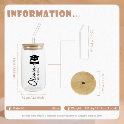 2024 Graduation Gift - Personalised Custom Text and Name Glass with Glass Straw
