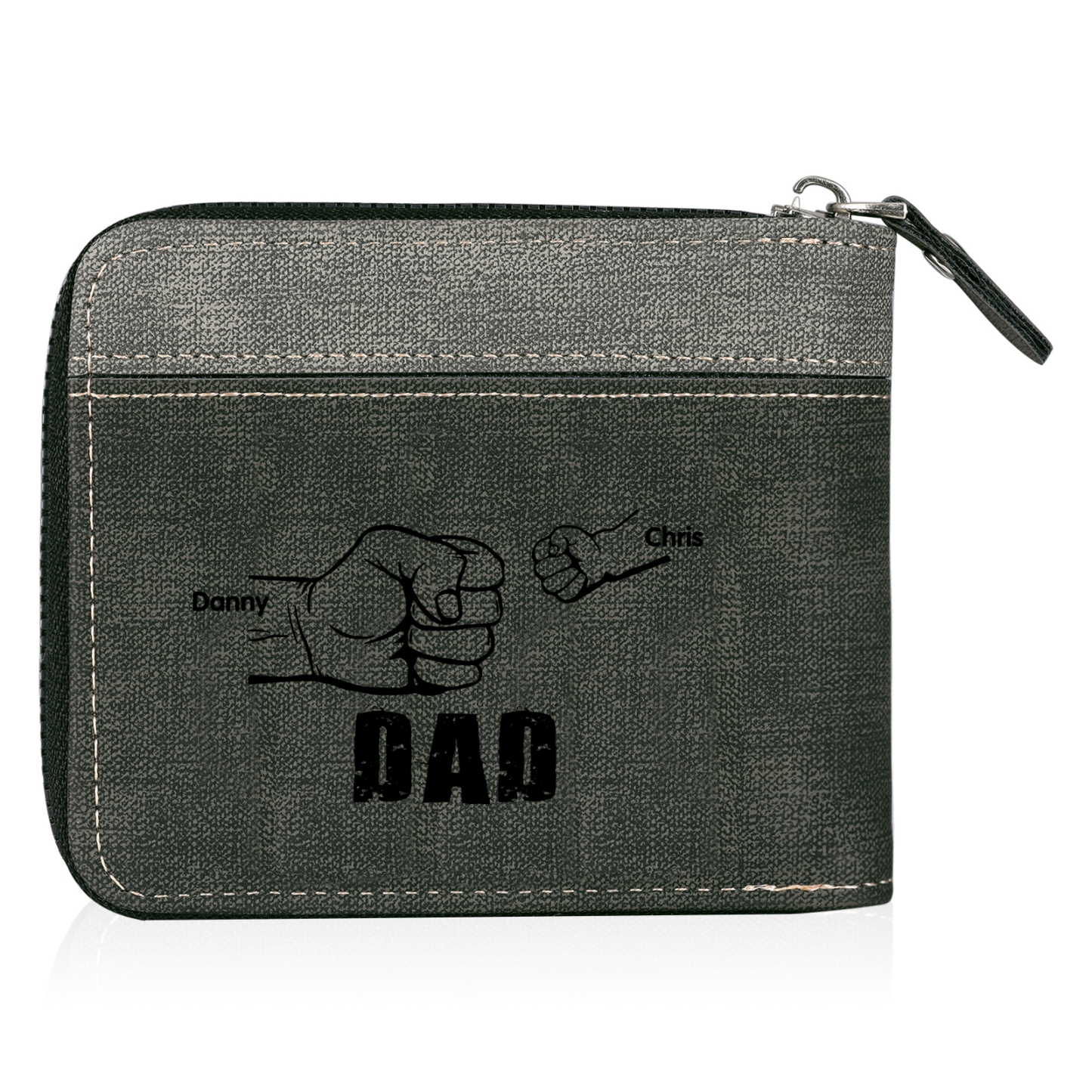 2 Names - Personalised Fist Bump Photo Custom Leather Men's Zipper Wallet as a Father's Day Gift for Dad