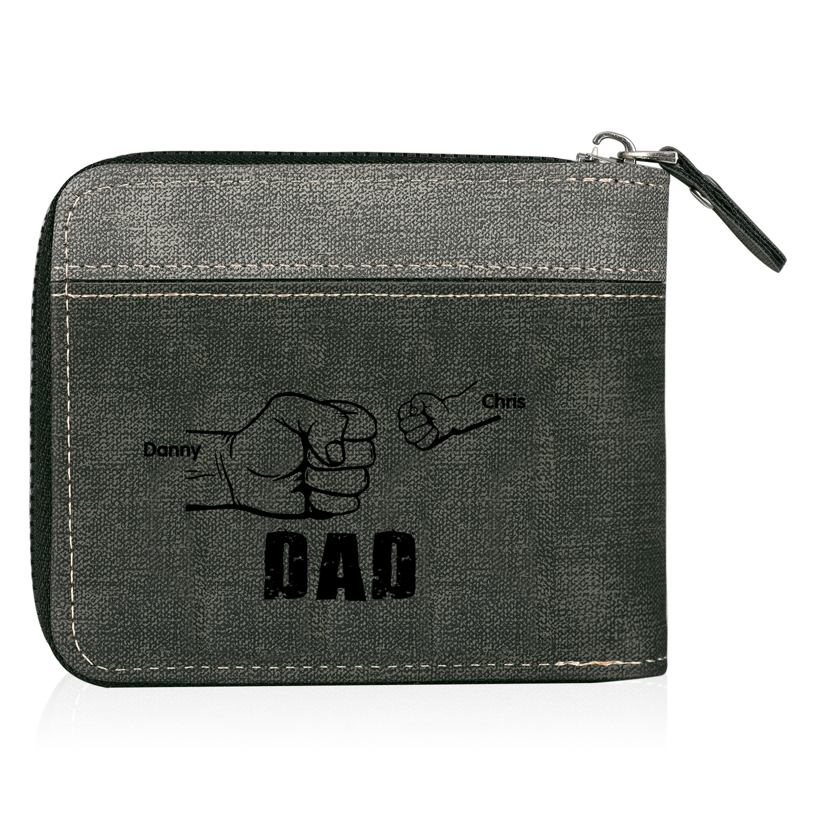 2 Names - Personalised Fist Bump Photo Custom Leather Men's Zipper Wallet as a Father's Day Gift for Dad
