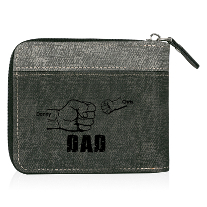 2 Names - Personalised Fist Bump Photo Custom Leather Men's Zipper Wallet as a Father's Day Gift for Dad