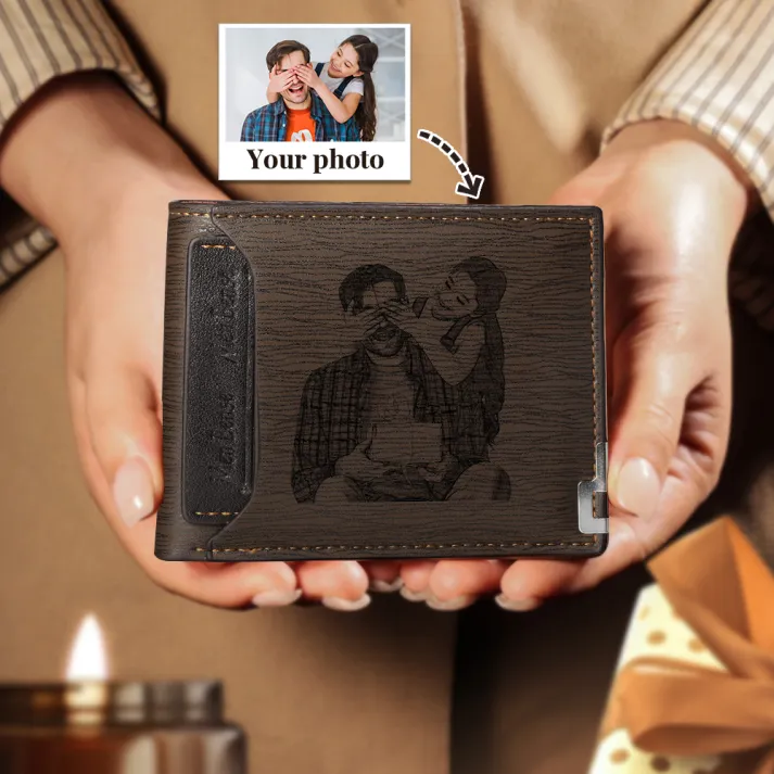 Personalised Men's Photo Wallet - Custom Letter & Name, Brown Wallet with Photo Card, Christmas Gift Set for Him | Jessemade