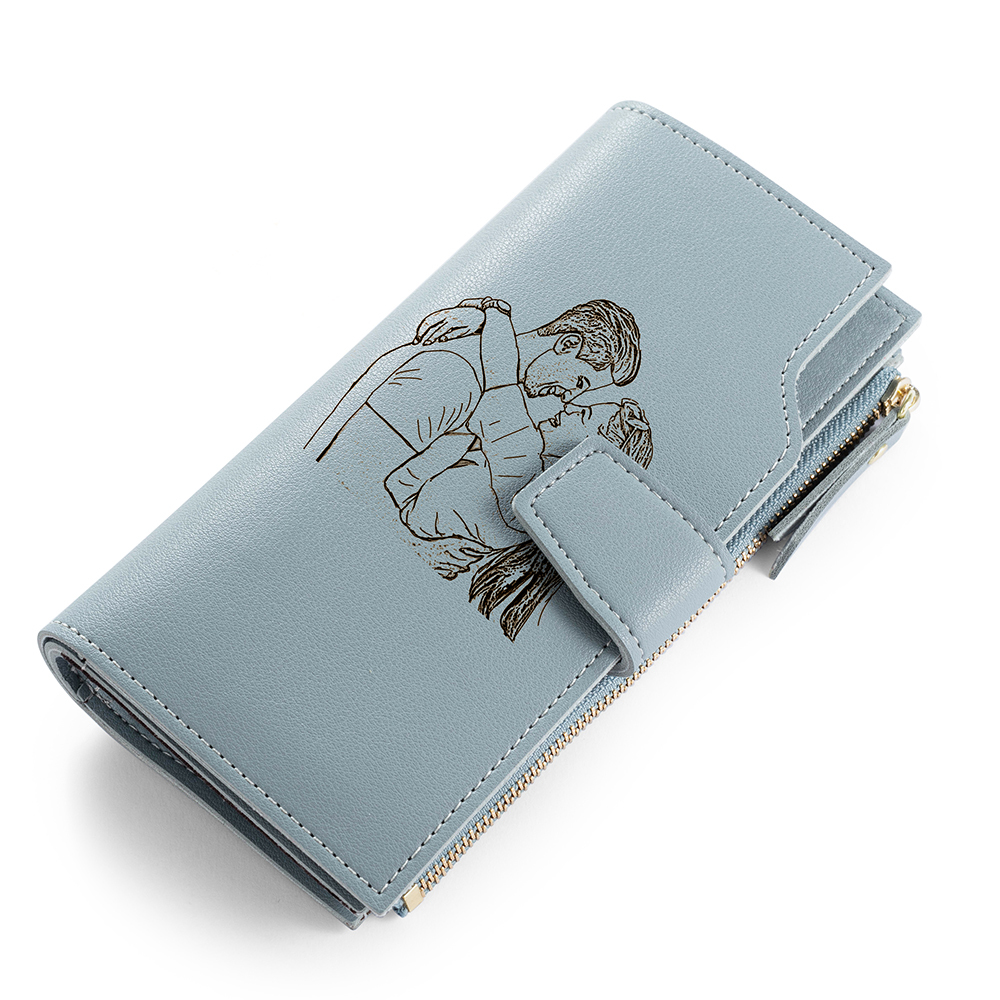 Custom Purse-Blue Personalised Leather Wallet Engraved Photo Long Purse Gifts For Women