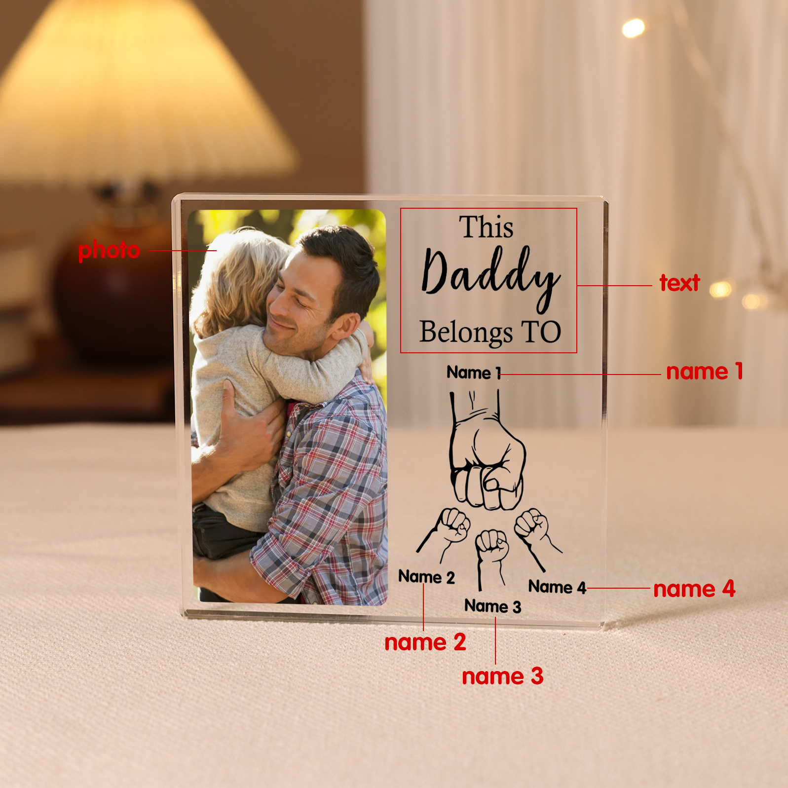 4 Names-Personalised Dad Photo Fist Acrylic Keepsake-Custom Text, Photo, and Names-Acrylic Plaque Home Decoration Gift for Dad/Grandad