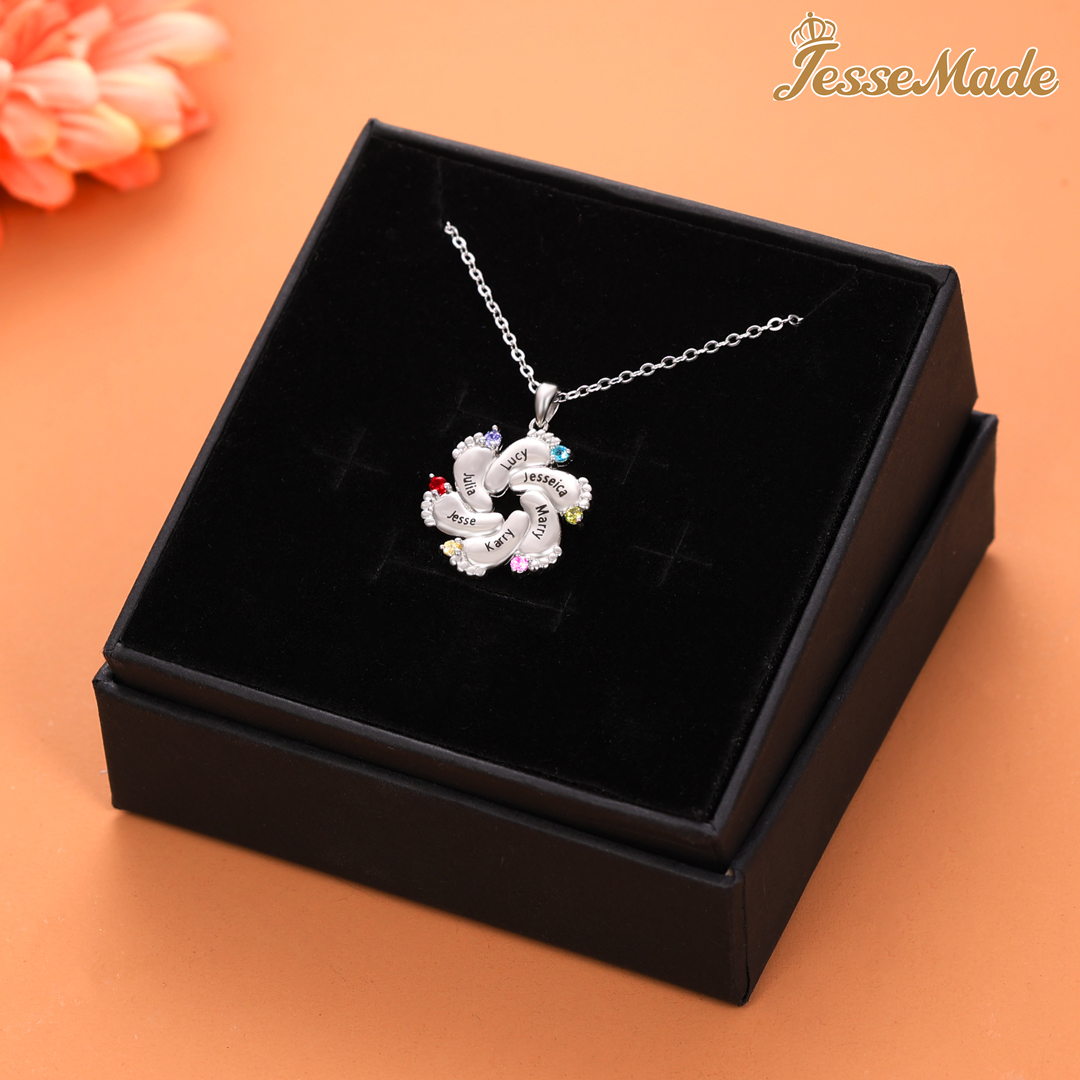 Personalised Baby Feet Necklace With 6 Birthstones Engraved Names Gift For Mother
