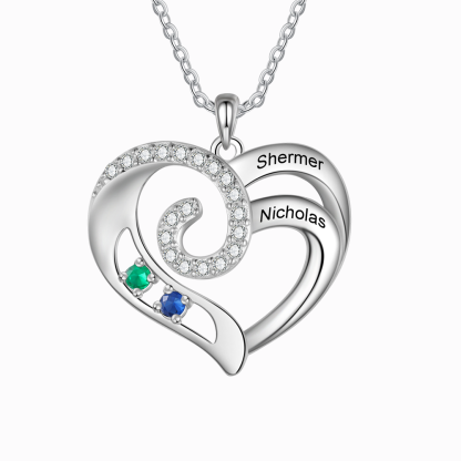Personalised Heart Necklace with Custom 2 Names and 2 Birthstones 925 Sterling Silver Necklace Gift for Her | Jessemade