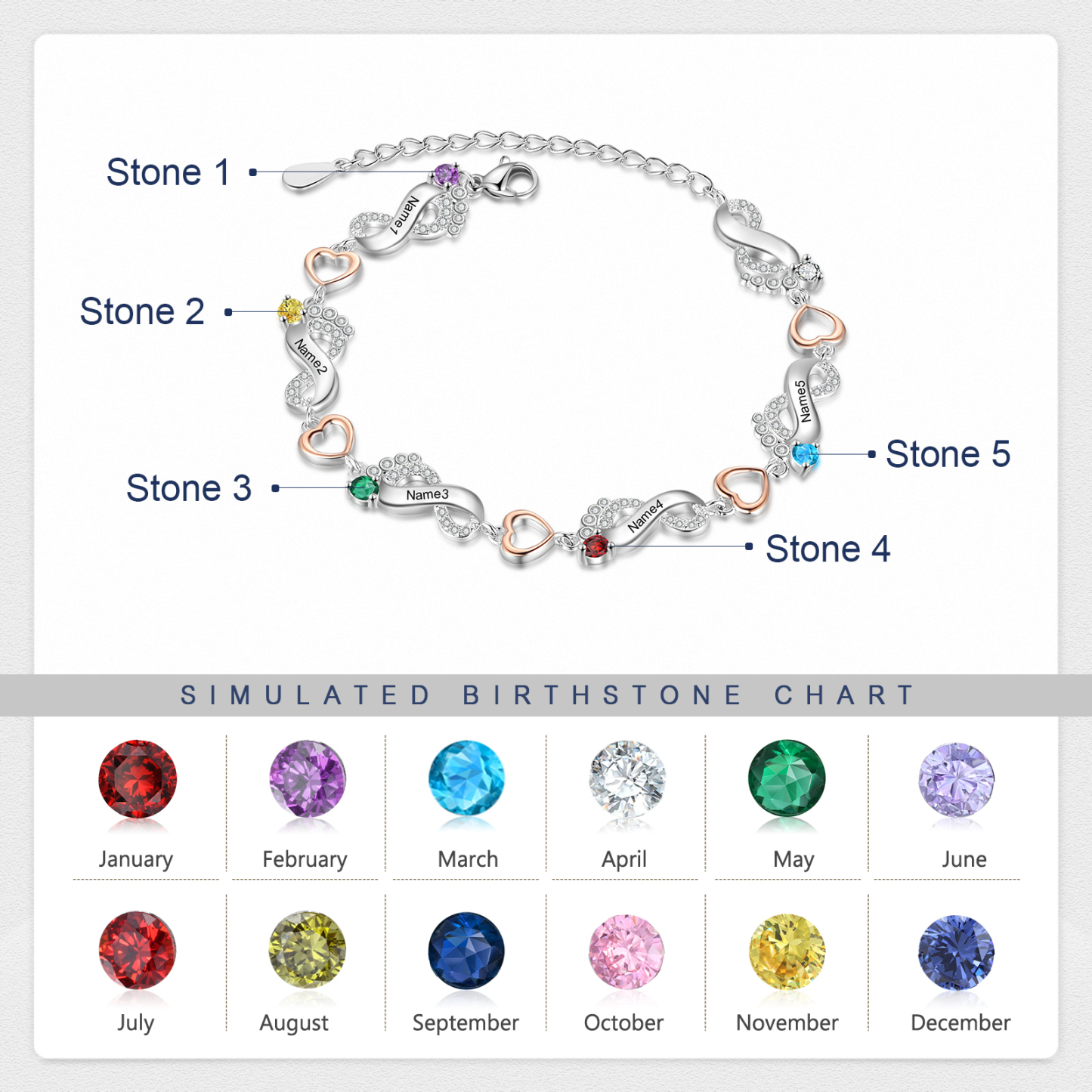 Personalised Baby Feet Bracelet Custom 5 Birthstones Set With Rose Gift Box Heart Bracelet Gifts For Women