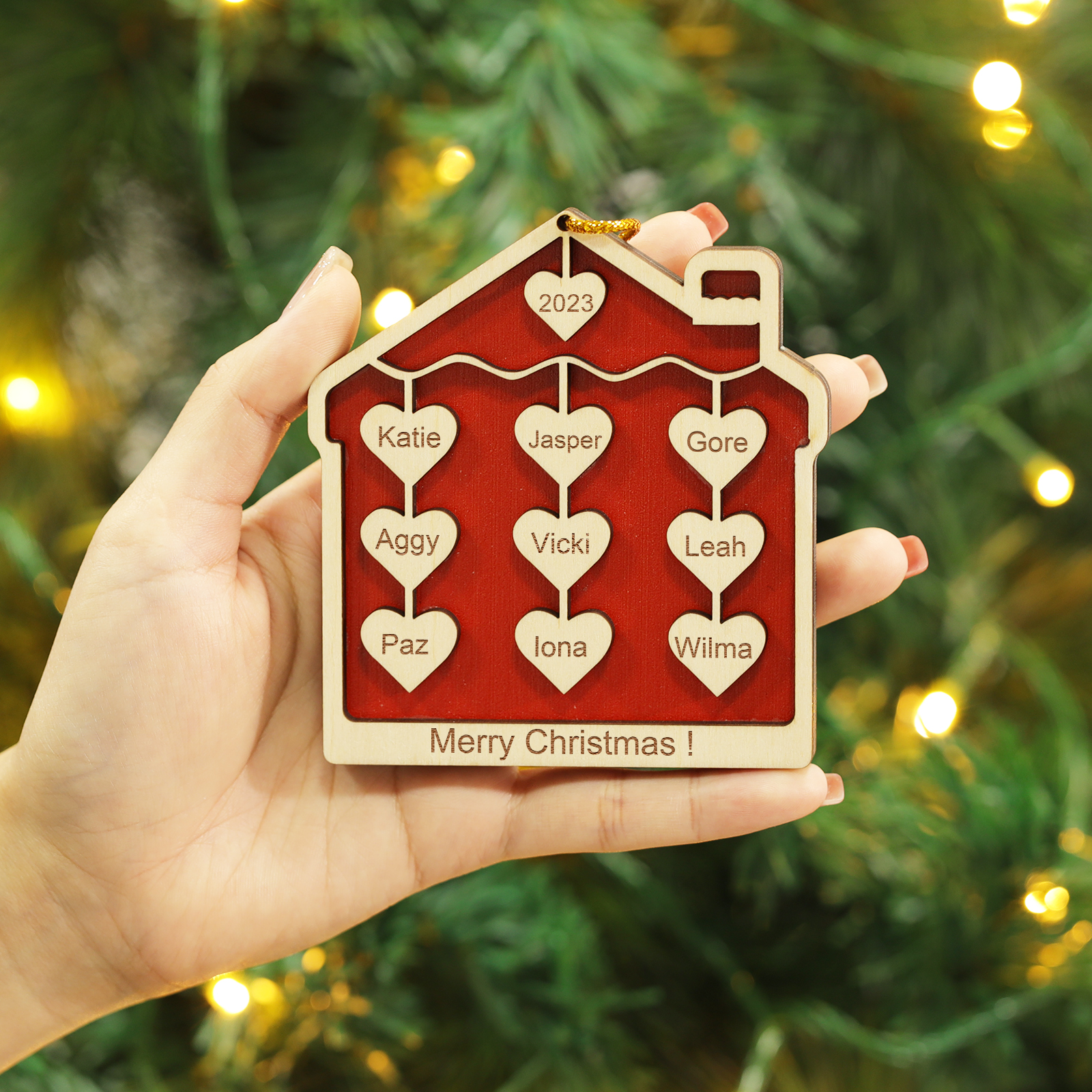 9 Names-Personalised Family Wooden Christmas Xmas Tree Decoration Ornament-Custom 9 Names And Year Hanging Ornament Gifts For Family