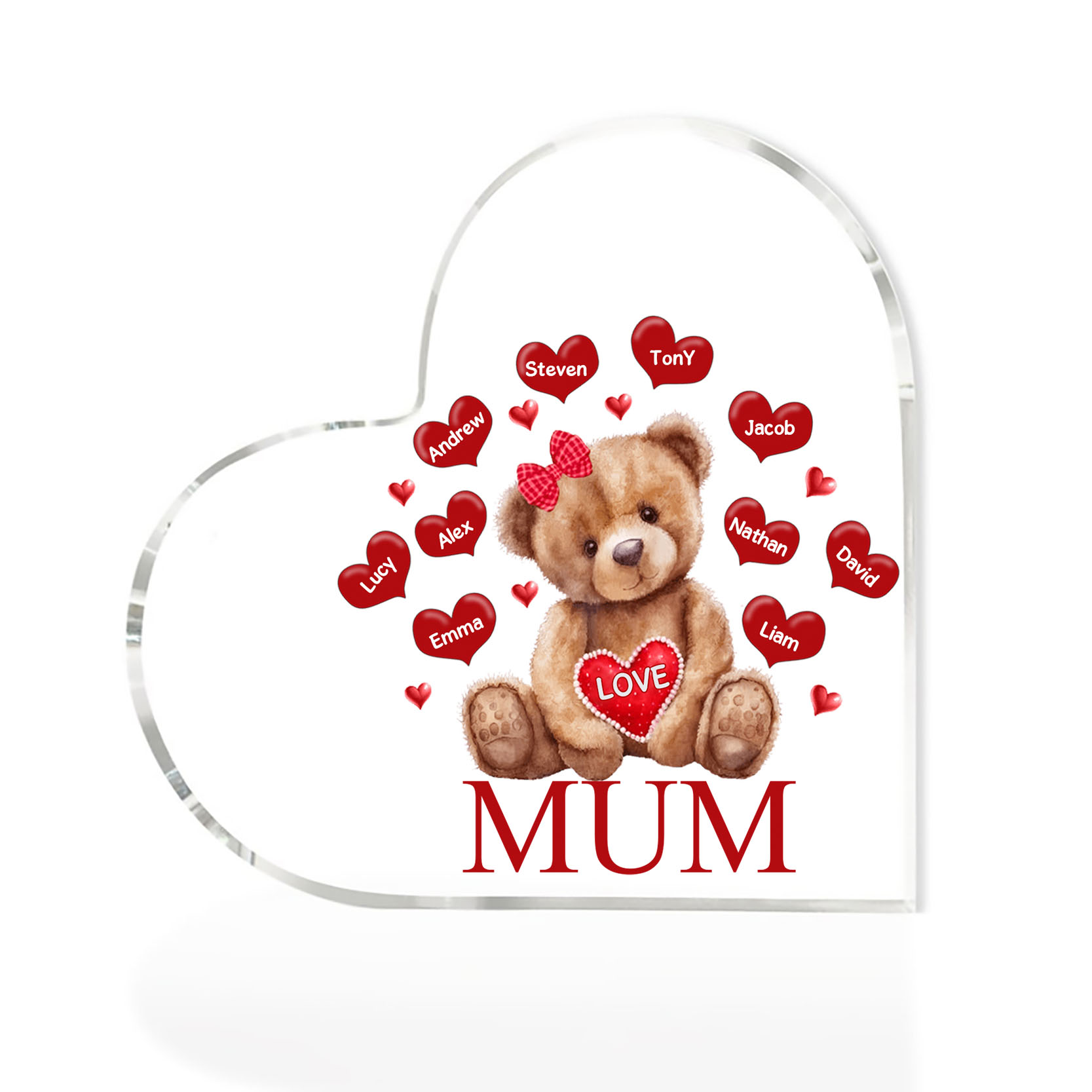 10 Names-Personalised Mum Acrylic Heart Keepsake Custom Text Love Teddy Bear Ornaments Gifts Set With Gift Box for Grandma/Mother
