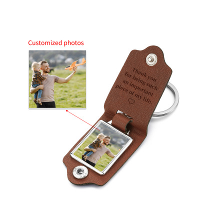 Personalised 2 Texts & 1 Photo Men's Leather Keyring Three Colors Available for Dad